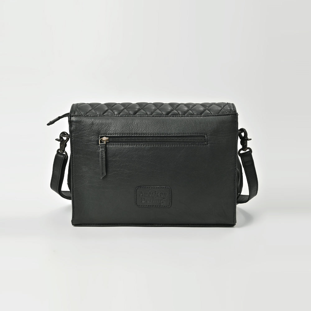 American Darling Black Leather Quilted Hand Tooled Fringe Crossbody Bag