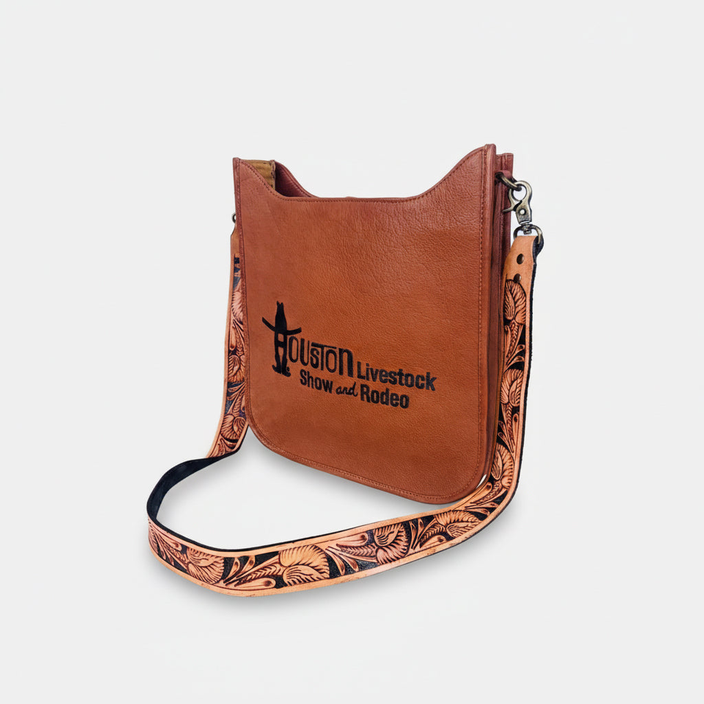 Showground Rodeo Genuine Leather Embroidered Crossbody Bag Hand-Tooled Floral Strap Purse | Houston Livestock Show and Rodeo