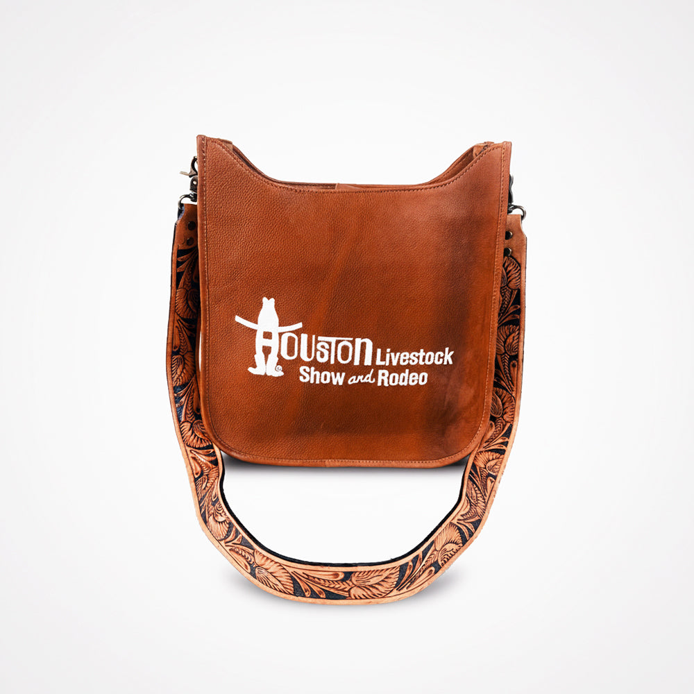 Showground Rodeo Genuine Leather White Embroidered Crossbody Bag Hand-Tooled Floral Strap | Houston Livestock Show and Rodeo