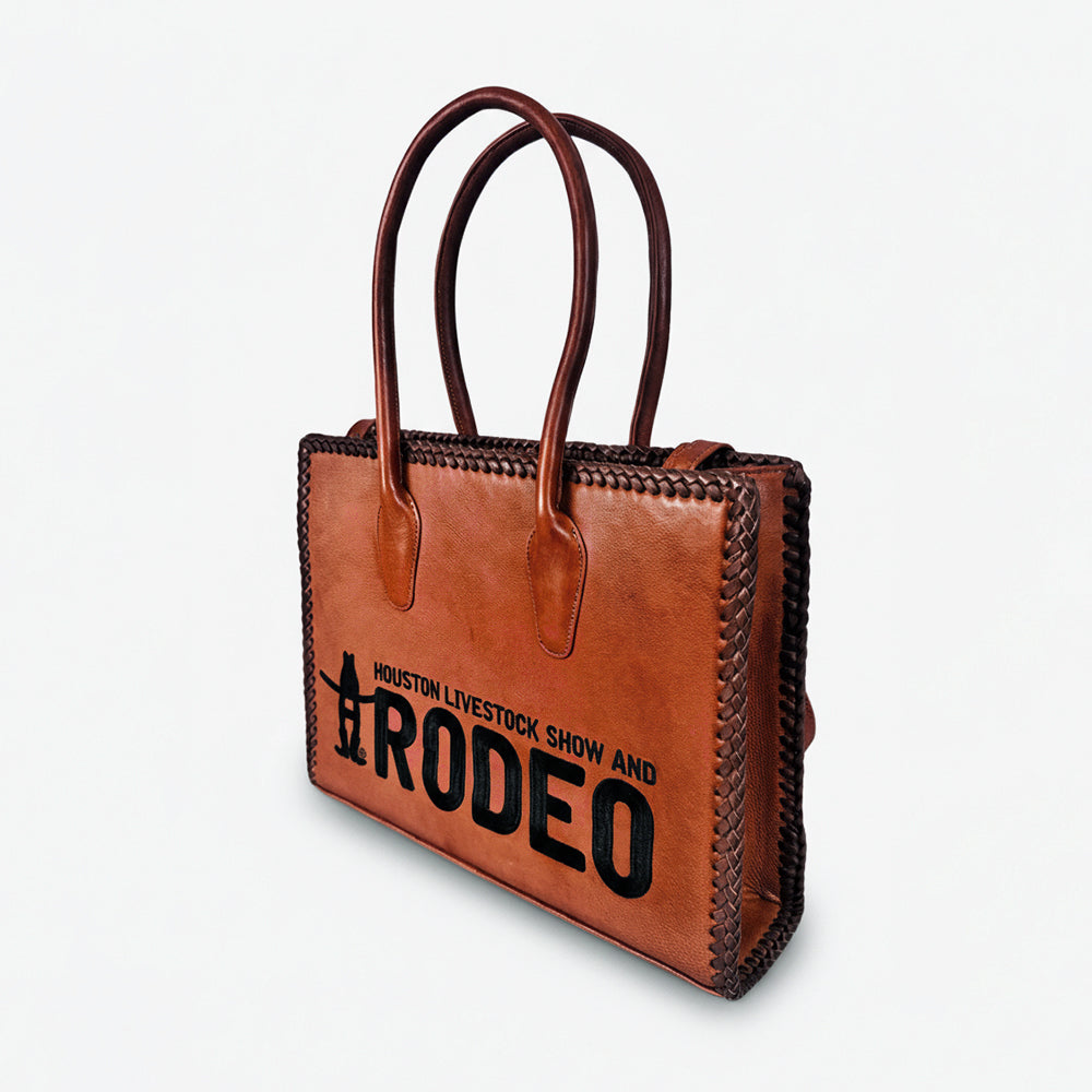 Heritage Rodeo Genuine Leather Black Embroidered Tote Bag Western Whipstitch Handbag | Houston Livestock Show and Rodeo
