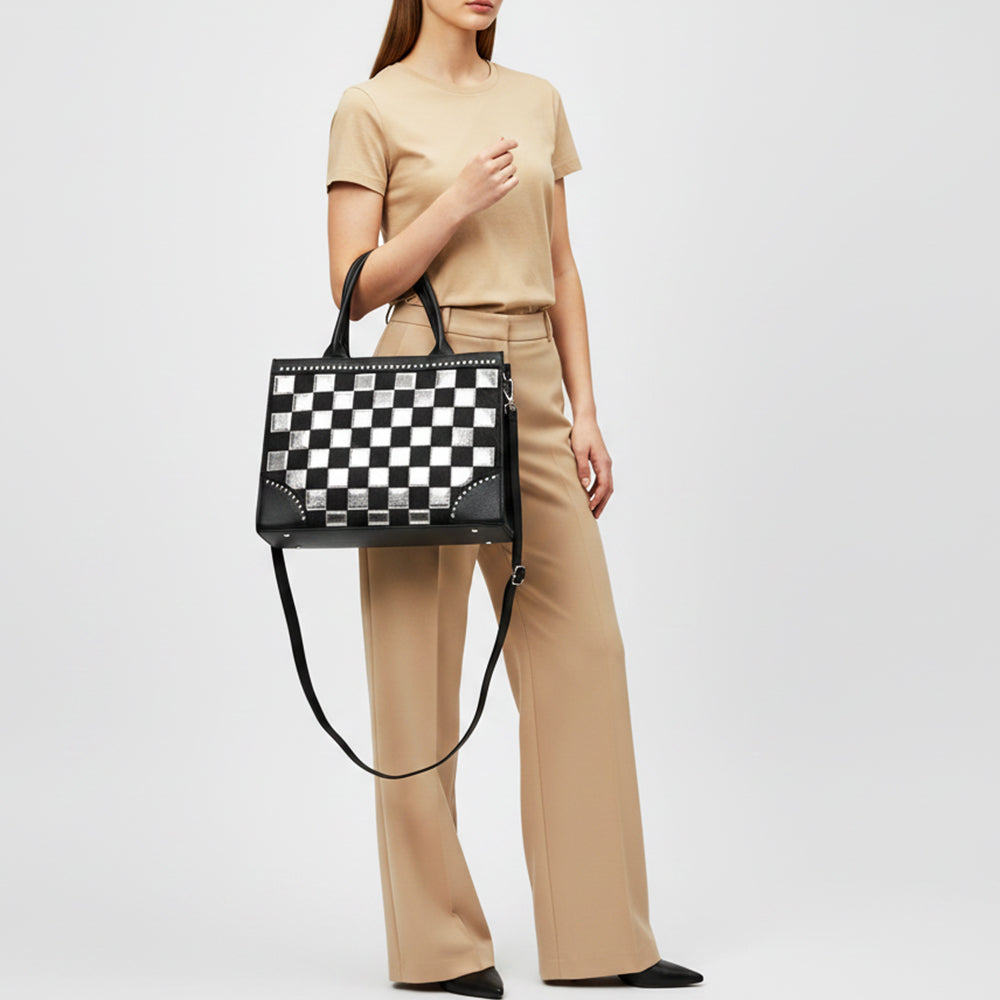 American Darling Black & Silver Checkered Leather Tote Bag with Studded Detail