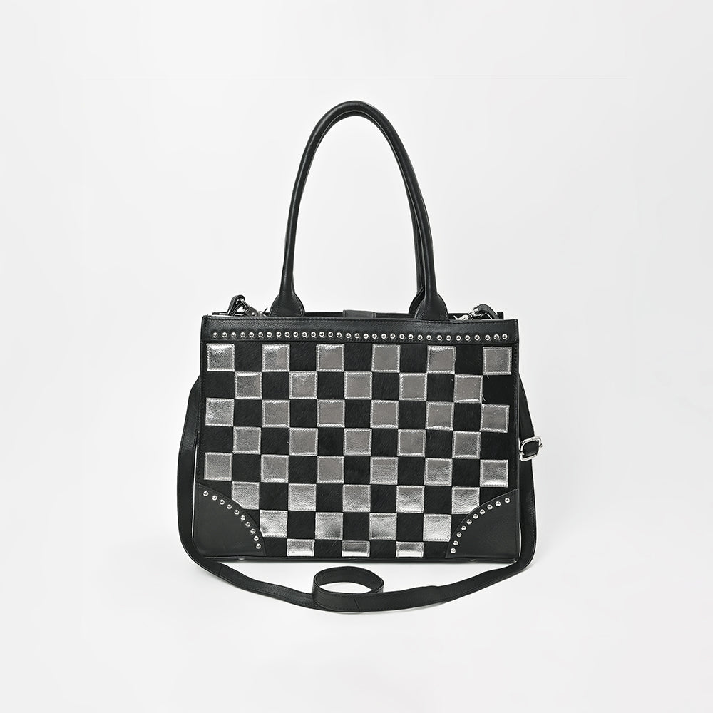 American Darling Black & Silver Checkered Leather Tote Bag with Studded Detail