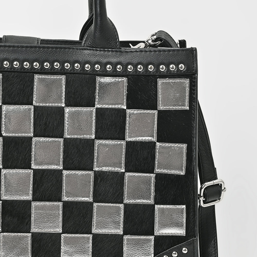 American Darling Black & Silver Checkered Leather Tote Bag with Studded Detail