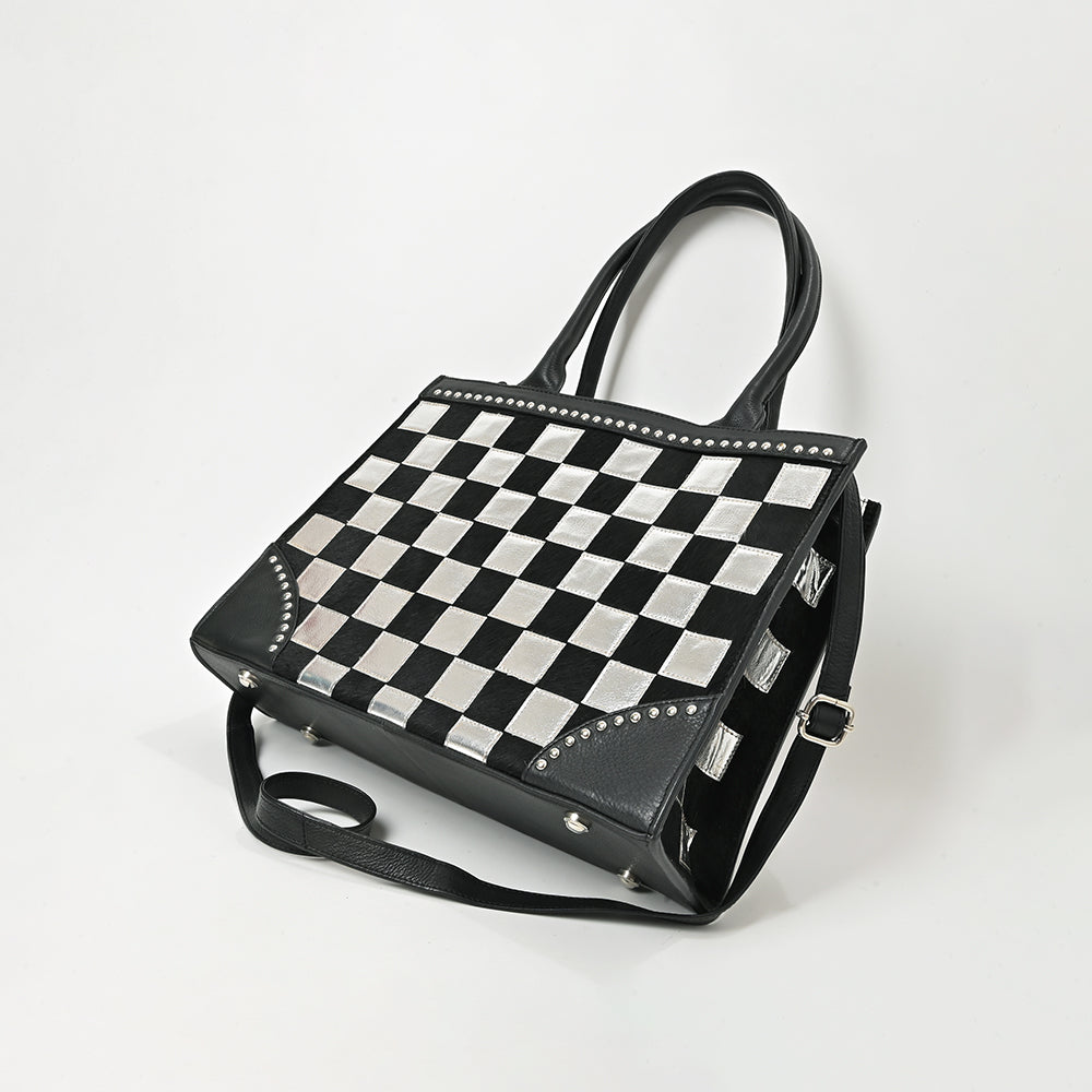 American Darling Black & Silver Checkered Leather Tote Bag with Studded Detail