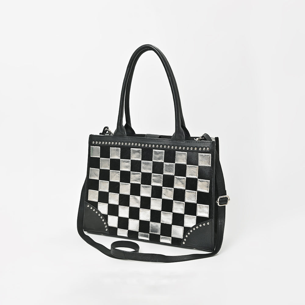 American Darling Black & Silver Checkered Leather Tote Bag with Studded Detail