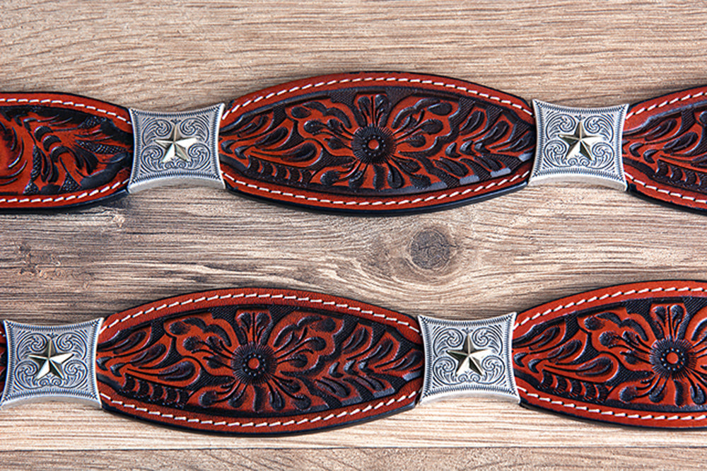 Cognac Brown Floral Embossed Full-Grain Leather Western Belt & Silver Buckle