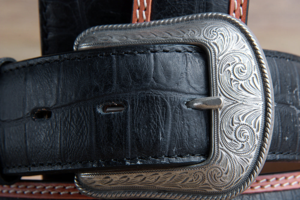 Black Croc Leather Western Dress Belt with Engraved Silver Buckle — 1-1/2"