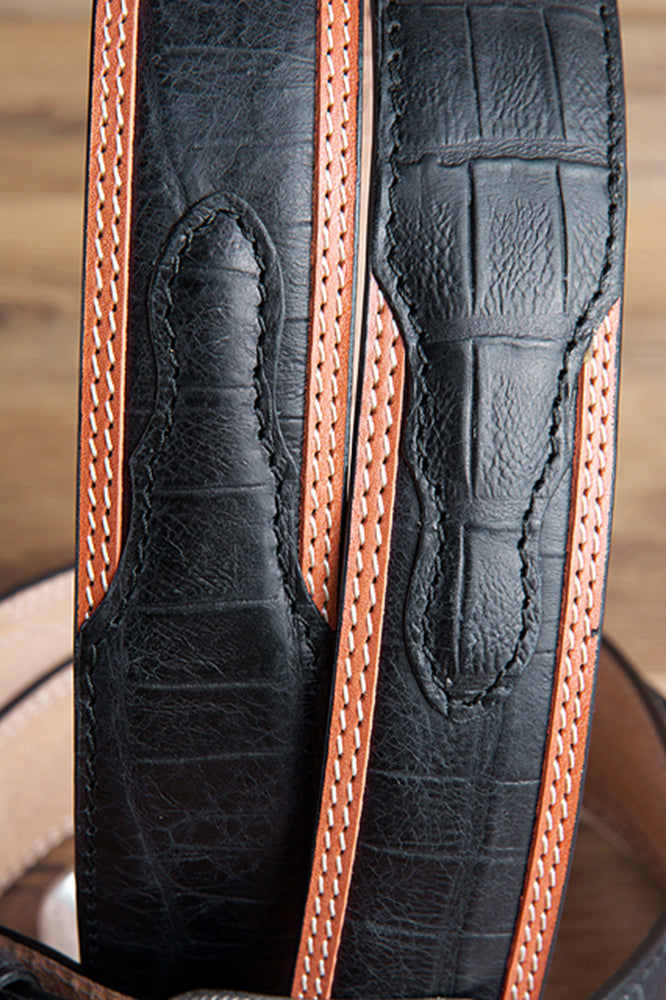 Black Croc Leather Western Dress Belt with Engraved Silver Buckle — 1-1/2"