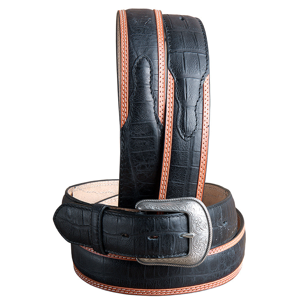 Black Croc Leather Western Dress Belt with Engraved Silver Buckle — 1-1/2"
