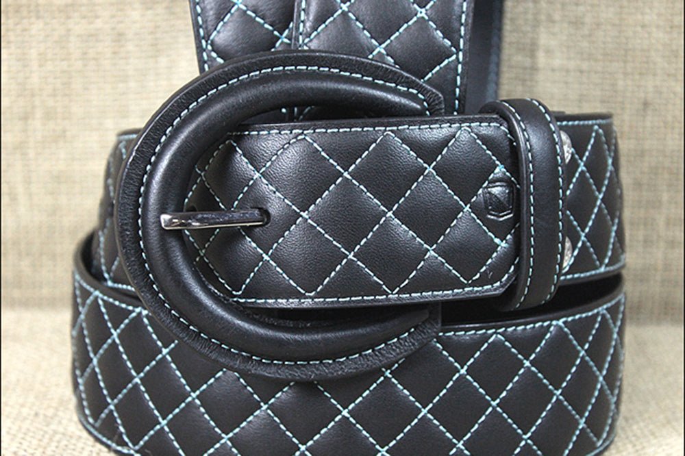 Noble Equestrian Classic Quilted Belt  2" Wide Full Grain Leather Contrast Stitching & Brass Hardware