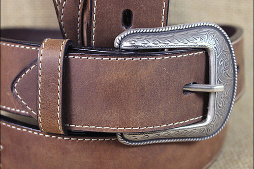 3D BELTS Men's Brown Leather Western Concho Belt Leaf Stitching Silver Buckle