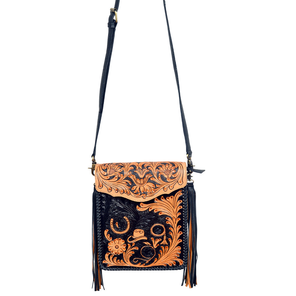 American Darling Western Black & Tan Tooled Leather Crossbody Bag with Fringe