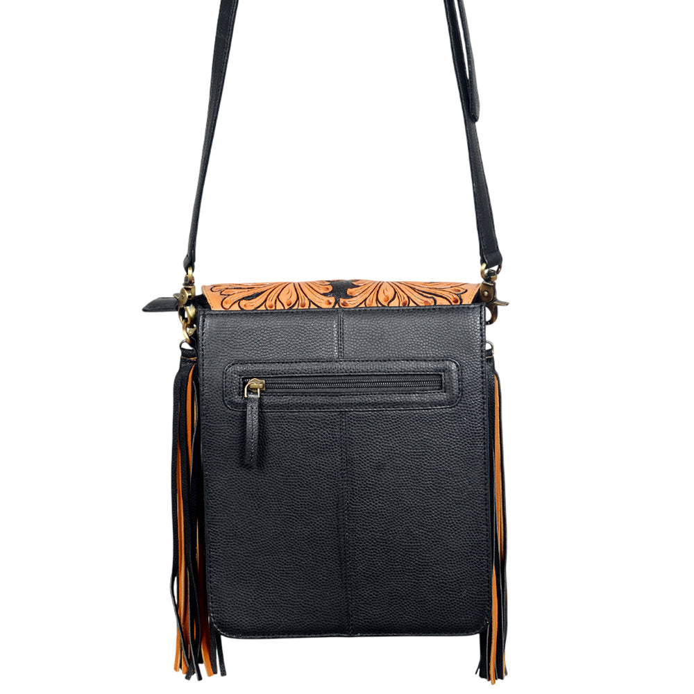 American Darling Western Black & Tan Tooled Leather Crossbody Bag with Fringe