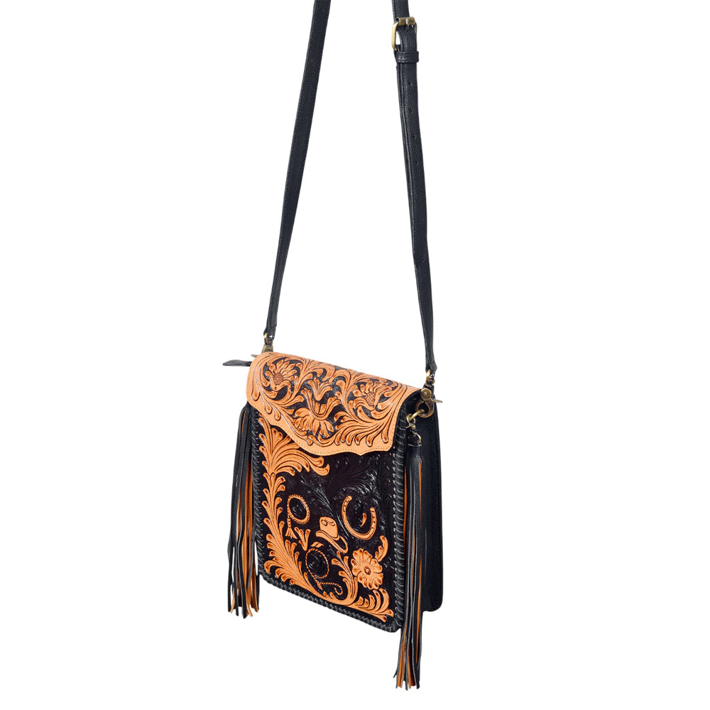 American Darling Western Black & Tan Tooled Leather Crossbody Bag with Fringe