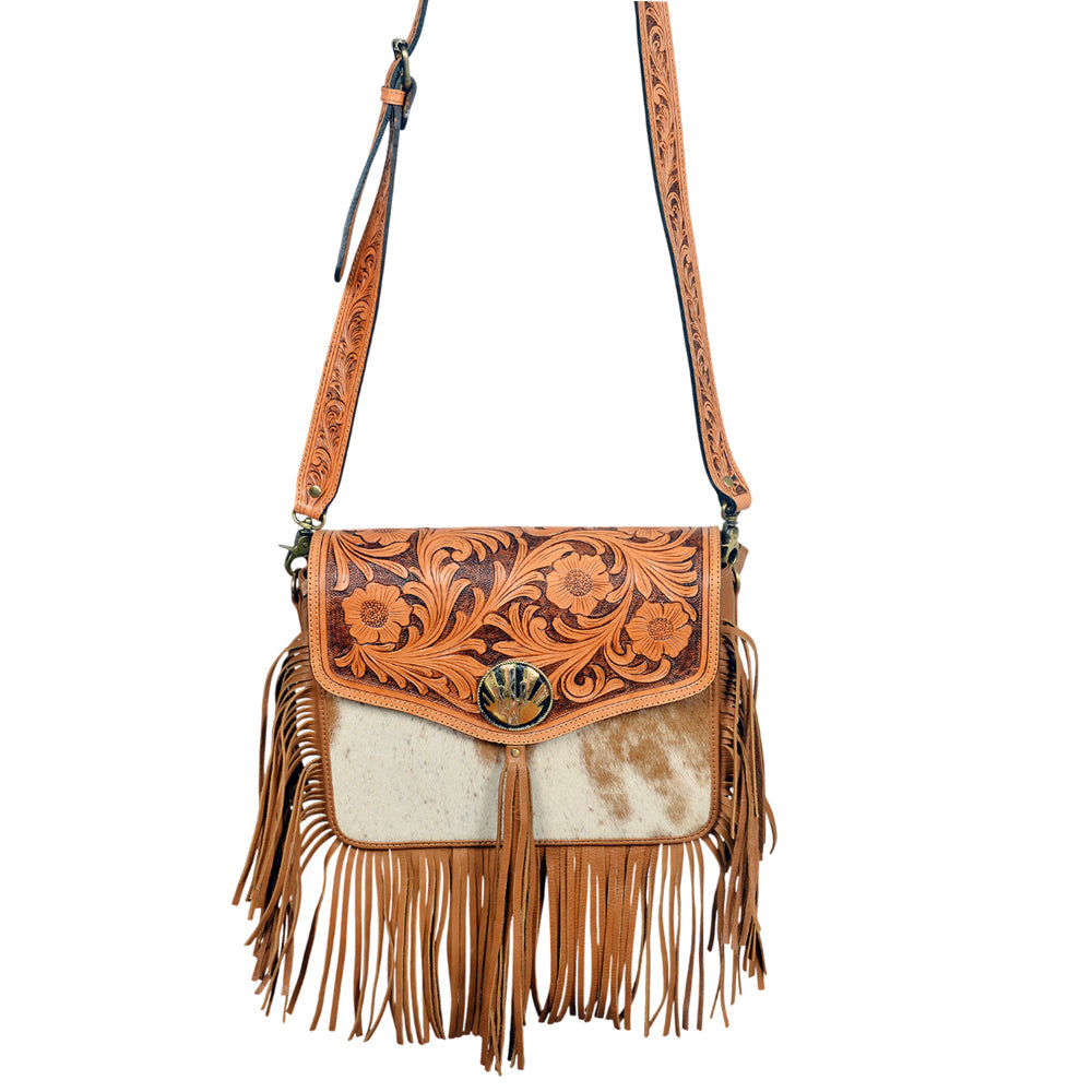 American Darling Western Floral Tooled Leather & Cowhide Fringe Crossbody Bag