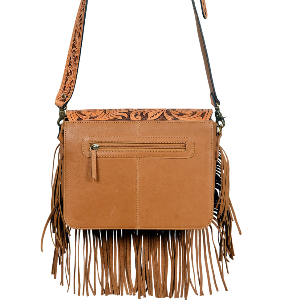 American Darling Western Floral Tooled Leather & Cowhide Fringe Crossbody Bag
