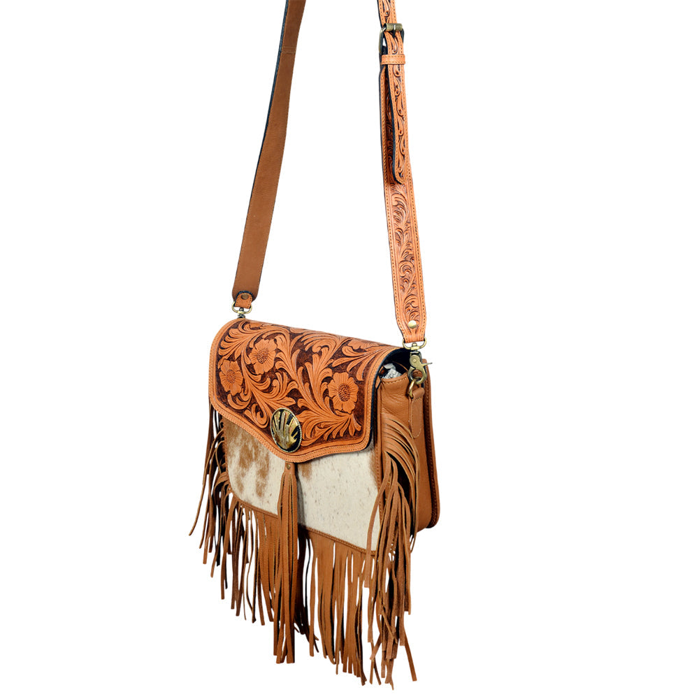 American Darling Western Floral Tooled Leather & Cowhide Fringe Crossbody Bag
