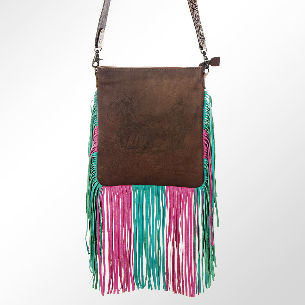 HILASON Women’s Large Genuine Leather Western Crossbody Bag Cowhide Purse Multi-Color Pink & Teal Fringe Tooled Floral Strap