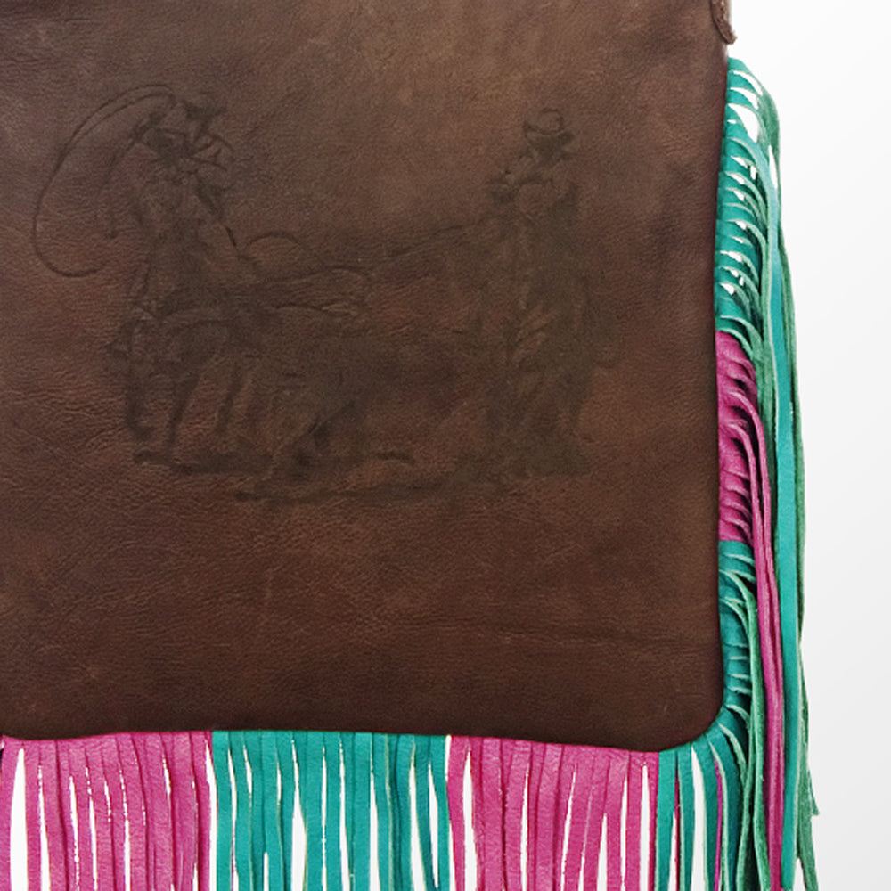 HILASON Women’s Large Genuine Leather Western Crossbody Bag Cowhide Purse Multi-Color Pink & Teal Fringe Tooled Floral Strap