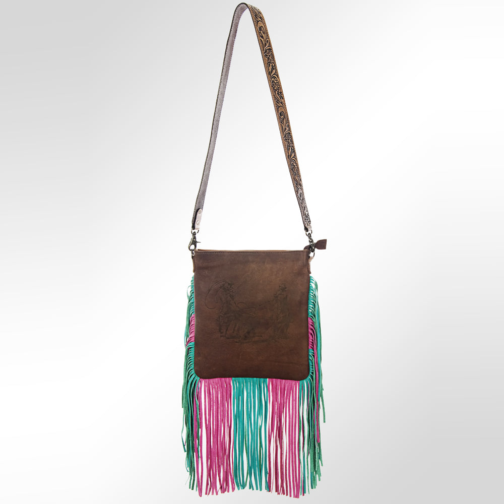HILASON Women’s Large Genuine Leather Western Crossbody Bag Cowhide Purse Multi-Color Pink & Teal Fringe Tooled Floral Strap