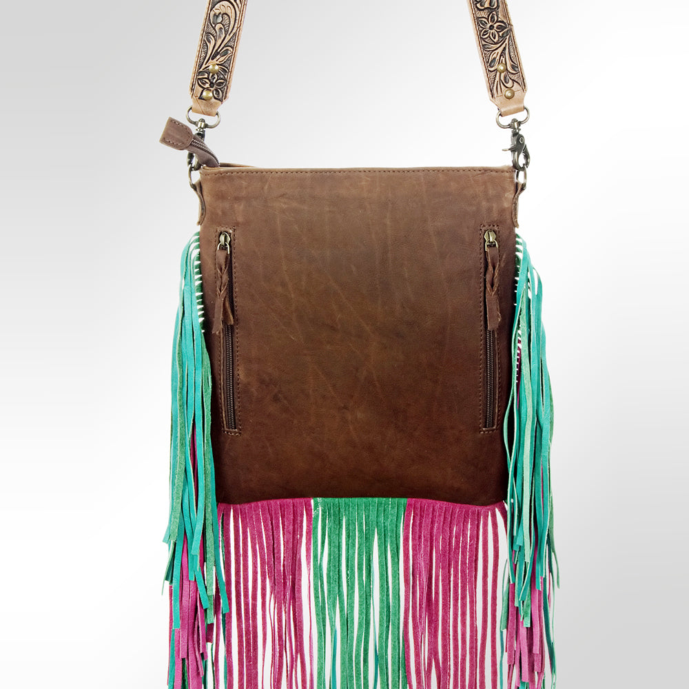 HILASON Women’s Large Genuine Leather Western Crossbody Bag Cowhide Purse Multi-Color Pink & Teal Fringe Tooled Floral Strap