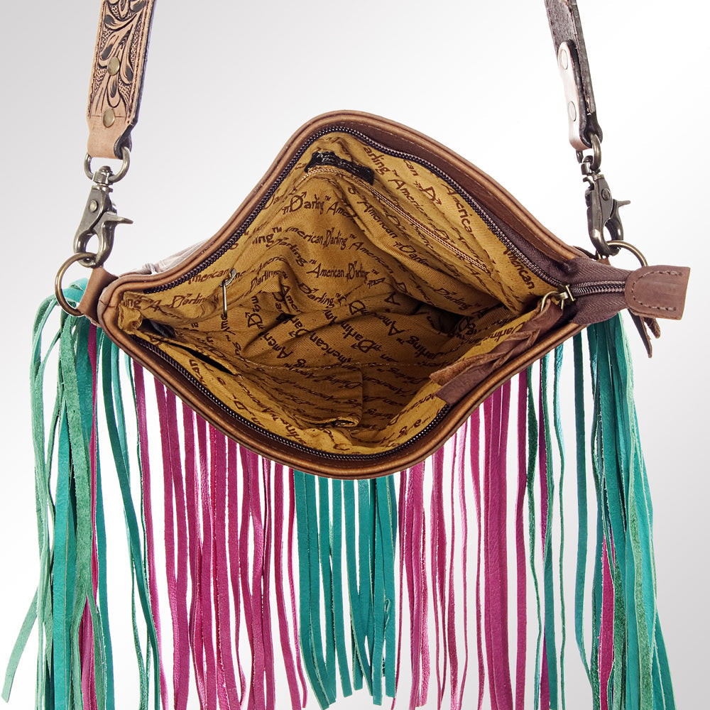 HILASON Women’s Large Genuine Leather Western Crossbody Bag Cowhide Purse Multi-Color Pink & Teal Fringe Tooled Floral Strap