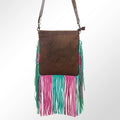HILASON Women’s Large Genuine Leather Western Crossbody Bag Cowhide Purse Multi-Color Pink & Teal Fringe Tooled Floral Strap