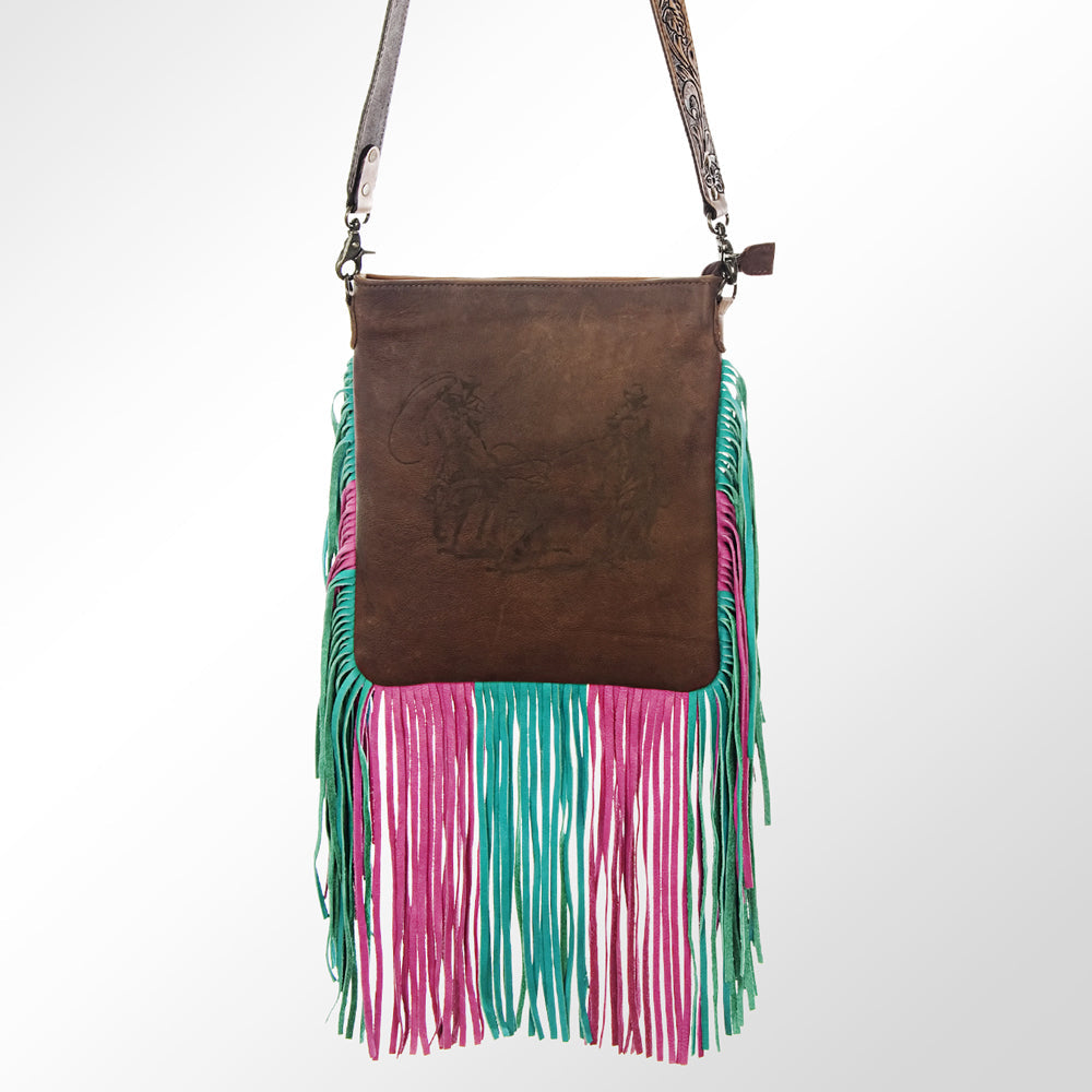 HILASON Women’s Large Genuine Leather Western Crossbody Bag Cowhide Purse Multi-Color Pink & Teal Fringe Tooled Floral Strap