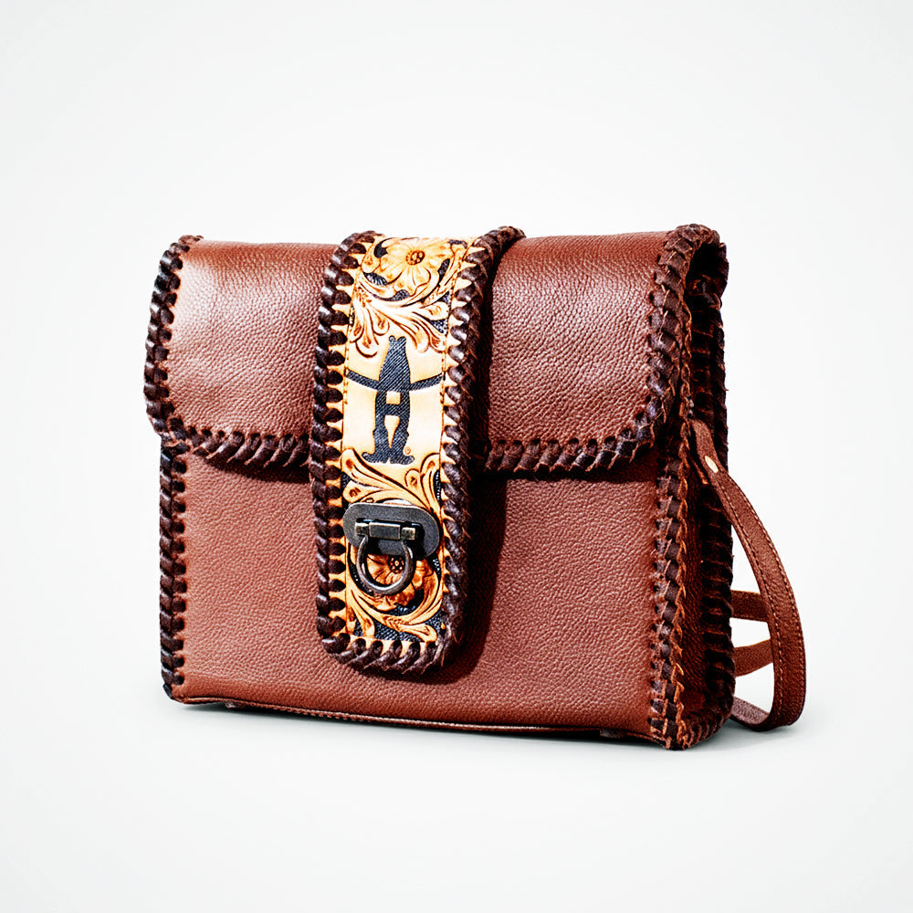 Laurel Rodeo Hand-Tooled Genuine Leather Crossbody Shoulder Bag Brown | Houston Livestock Show and Rodeo
