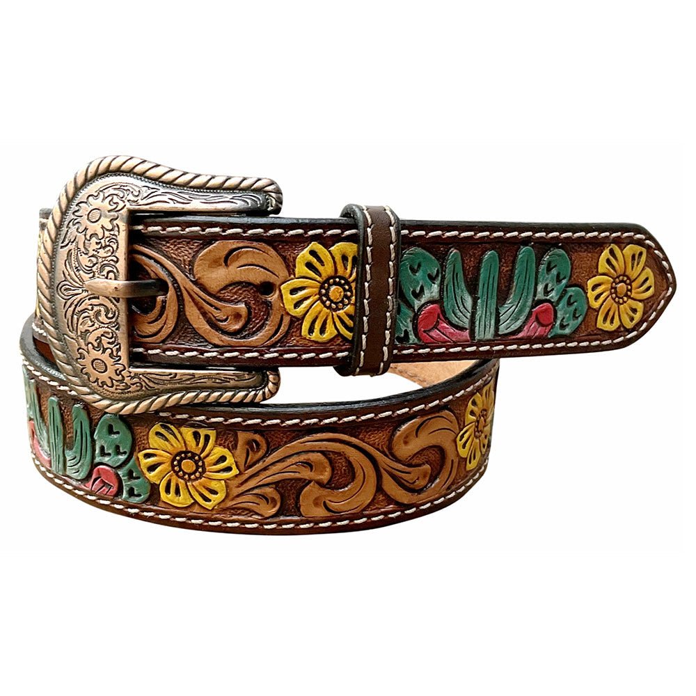 Brown Floral Sunflower Cactus Hand Painted Leather Belt With Removable Buckle Unisex