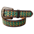 Brown Leather Western Belt With Turquoise Floral Hand Carved And Removable Buckle
