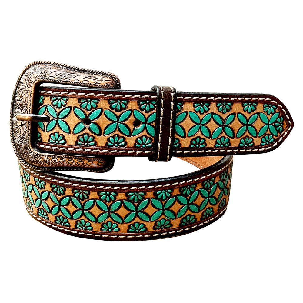 Brown Leather Western Belt With Turquoise Floral Hand Carved And Removable Buckle