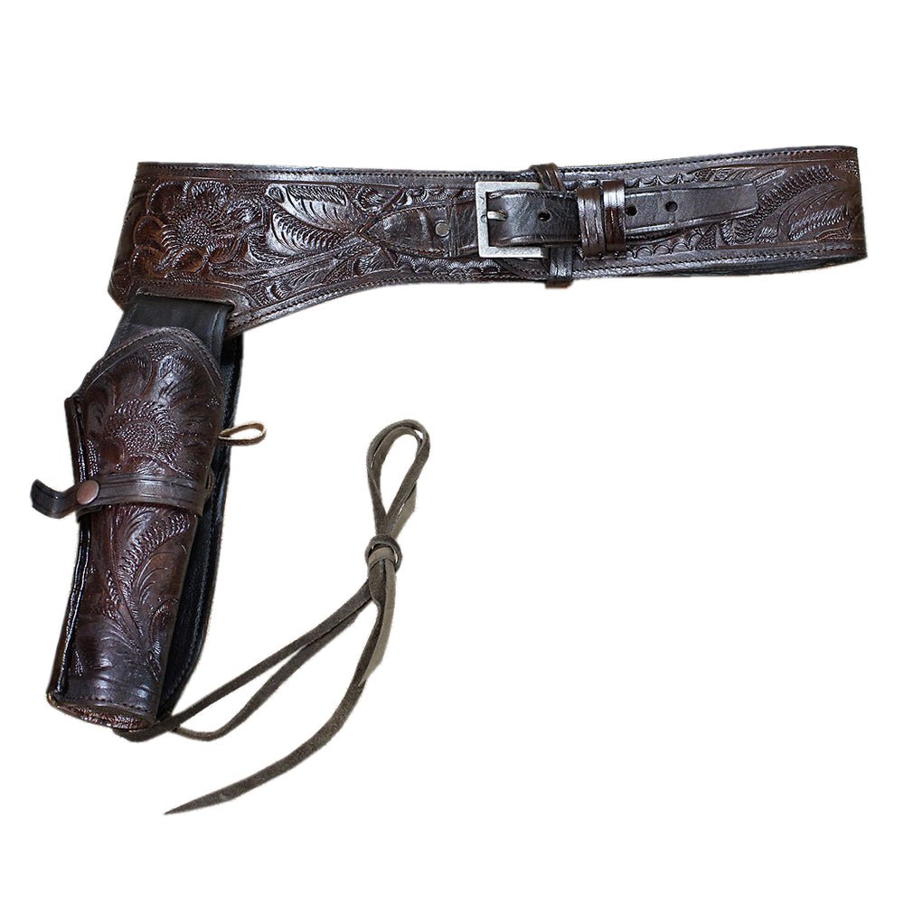 Hilason 46" Right Hand Tooled Leather Western Cowboy Gun Rig Holster Belt for .44 / .45 Caliber Revolver – Brown