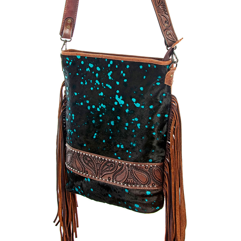 American Darling Large Cross body Bag Hand Tooled Floral Carved Leather Hair-On Cowhide with Fringes