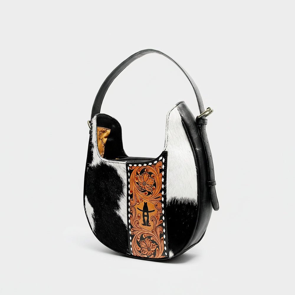 Laurel Spring Rodeo Genuine Hair On Leather hand tooled hobo bag Black & White | Houston Livestock Show & Rodeo