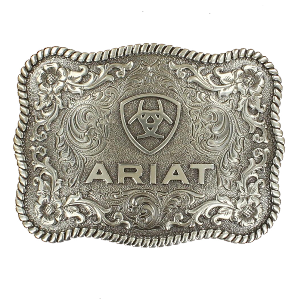 Ariat Silver Scroll Western Belt Buckle Rectangular Scalloped Edge
