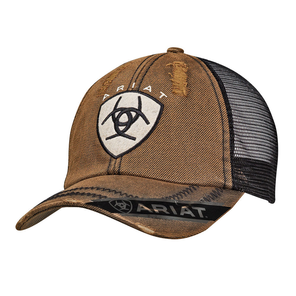 Ariat Men’s Distressed Oil Skin Trucker Cap Brown and Black Mesh Back Hat Vintage Style Embroidered Shield Logo