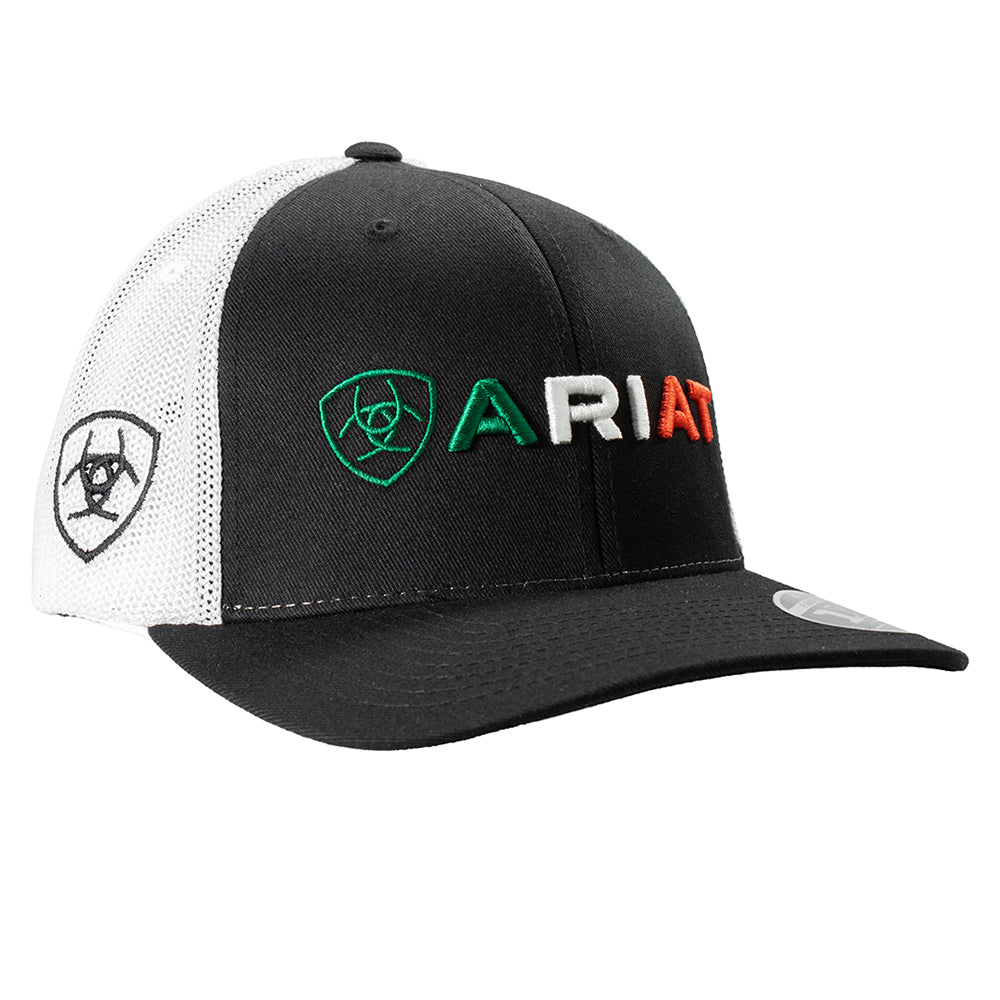 ARIAT Men's Mexican Flag Colors Embroidered Snapback Cap, Black with White Mesh Back, 6-Panel Mid Profile