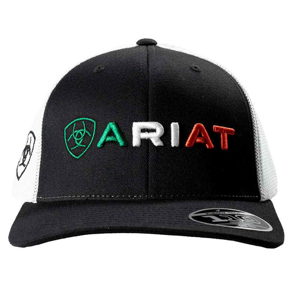 ARIAT Men's Mexican Flag Colors Embroidered Snapback Cap, Black with White Mesh Back, 6-Panel Mid Profile