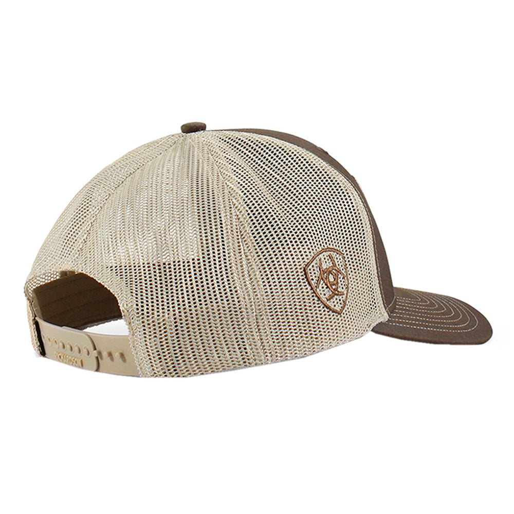 ARIAT Men’s R112 Snapback Cap – USA Flag Bull Embroidered Patch, Brown Front with Khaki Mesh Back, 100% Polyester