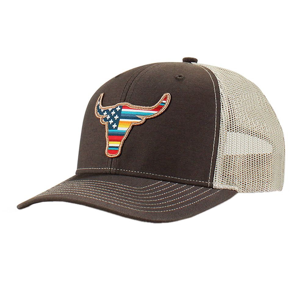 ARIAT Men’s R112 Snapback Cap – USA Flag Bull Embroidered Patch, Brown Front with Khaki Mesh Back, 100% Polyester