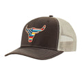 ARIAT Men’s R112 Snapback Cap – USA Flag Bull Embroidered Patch, Brown Front with Khaki Mesh Back, 100% Polyester
