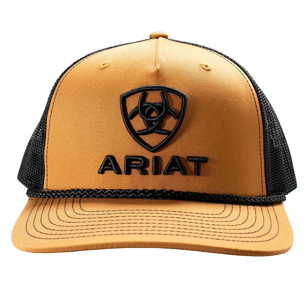ARIAT Men’s Tan 5-Panel Snapback Cap – 3D Embroidered Logo & Shield, Mesh Back