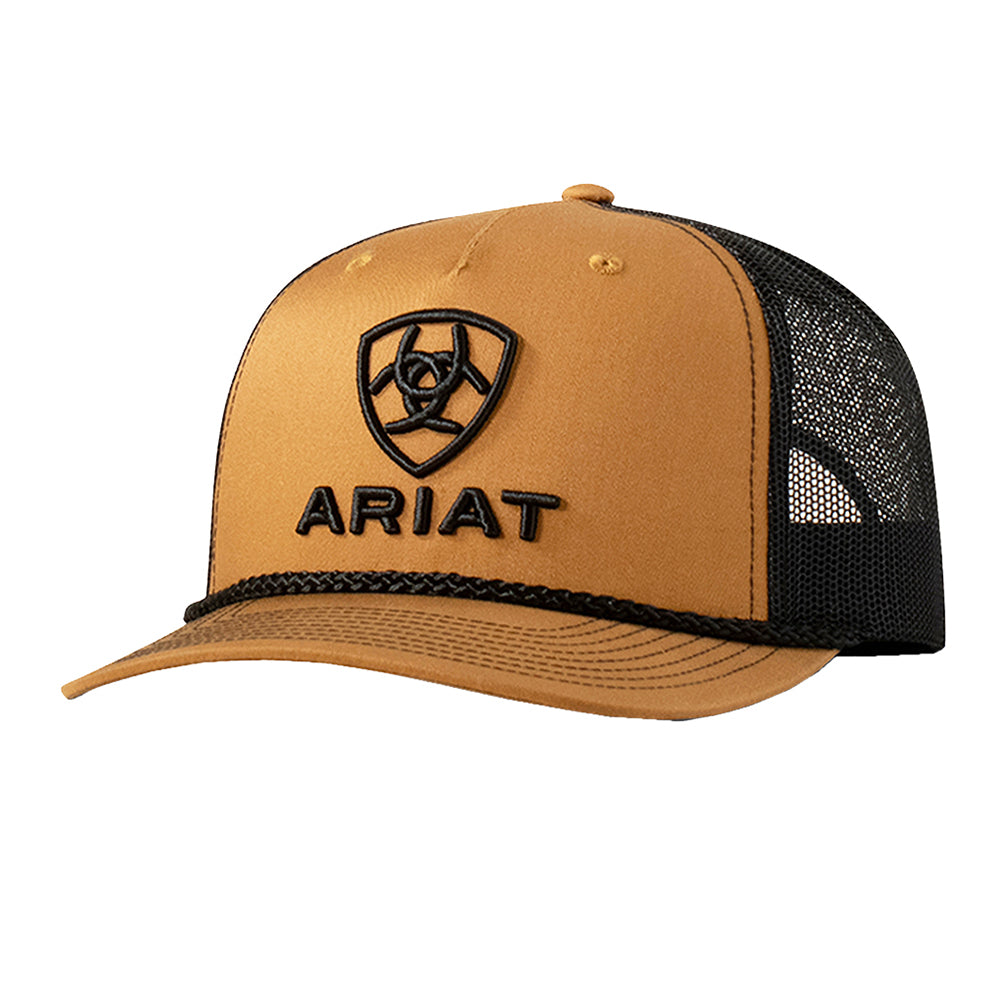 ARIAT Men’s Tan 5-Panel Snapback Cap – 3D Embroidered Logo & Shield, Mesh Back