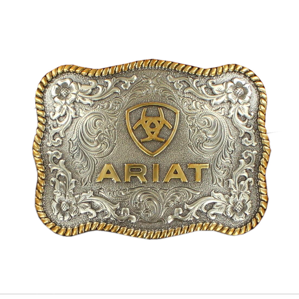 Ariat Men’s Two-Tone Scalloped Belt Buckle Gold & Silver Buckle Engraved Floral Twisted Rope Edge