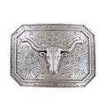Ariat Silver Longhorn Steer Rectangle Belt Buckle Engraved Trophy Buckle Classic Western Accessory for Cowboy Belts