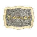 Ariat Men’s Large Two-Tone Rectangle Belt Buckle Antique Silver & Gold Finish Engraved with Shield Logo – 4-1/2" X 3-1/2"