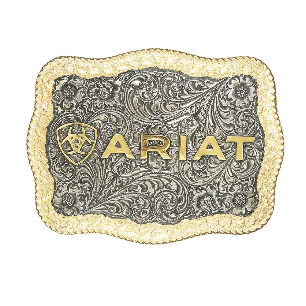 Ariat Men’s Large Two-Tone Rectangle Belt Buckle Antique Silver & Gold Finish Engraved with Shield Logo – 4-1/2" X 3-1/2"