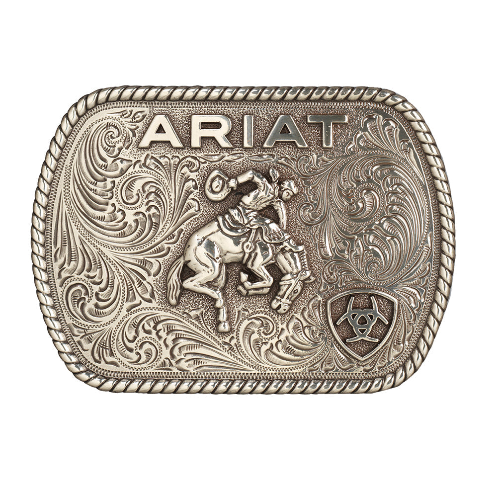 Ariat Men’s Vintage Saddle Bronc Belt Buckle – Antique Silver Finish – 3-1/2" x 2-1/2" Rectangle Trophy Buckle
