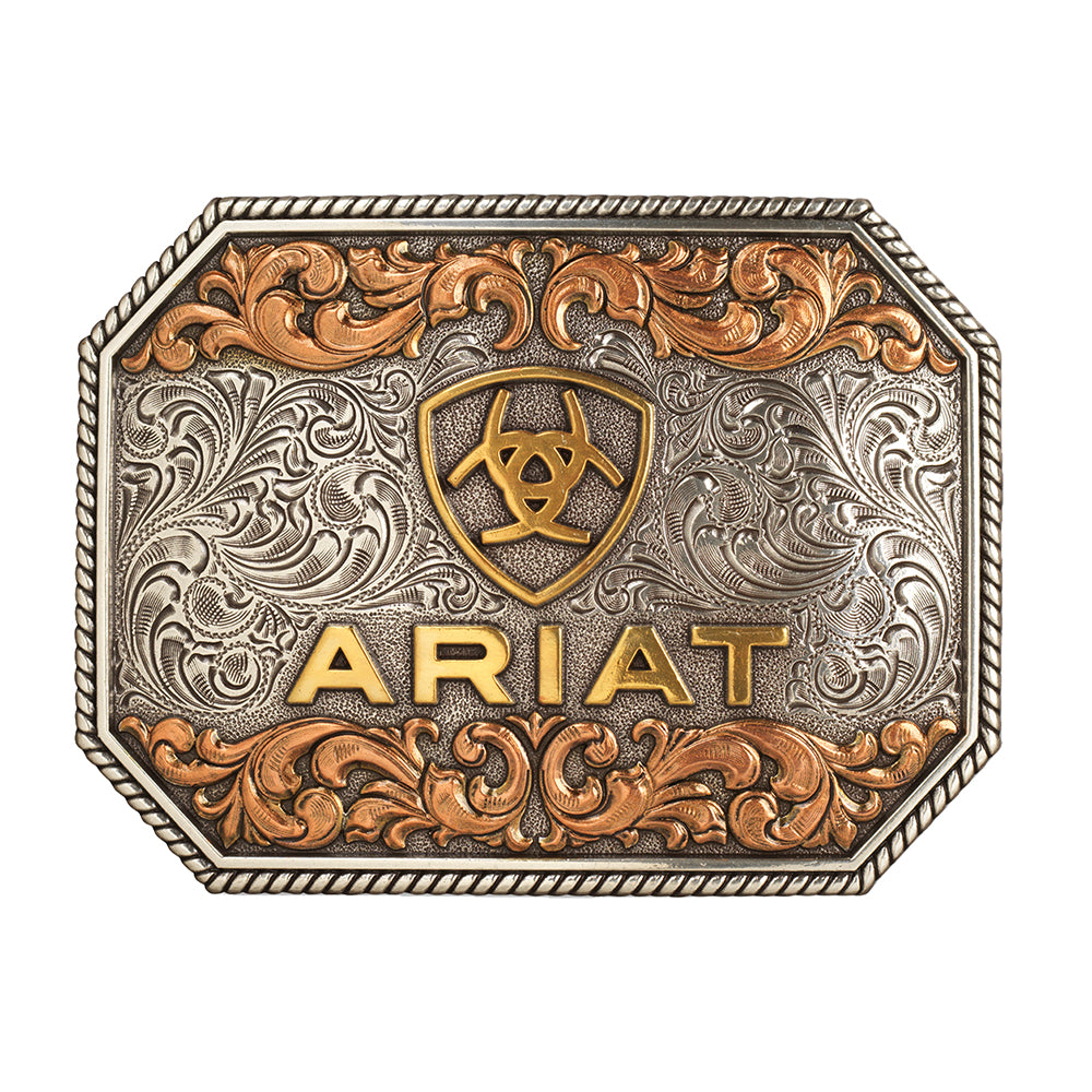 Ariat Men’s Raised Logo Antique Leaf Belt Buckle Multi-Tone Silver Gold & Copper Finish 4" x 3" Rectangle Trophy Buckle